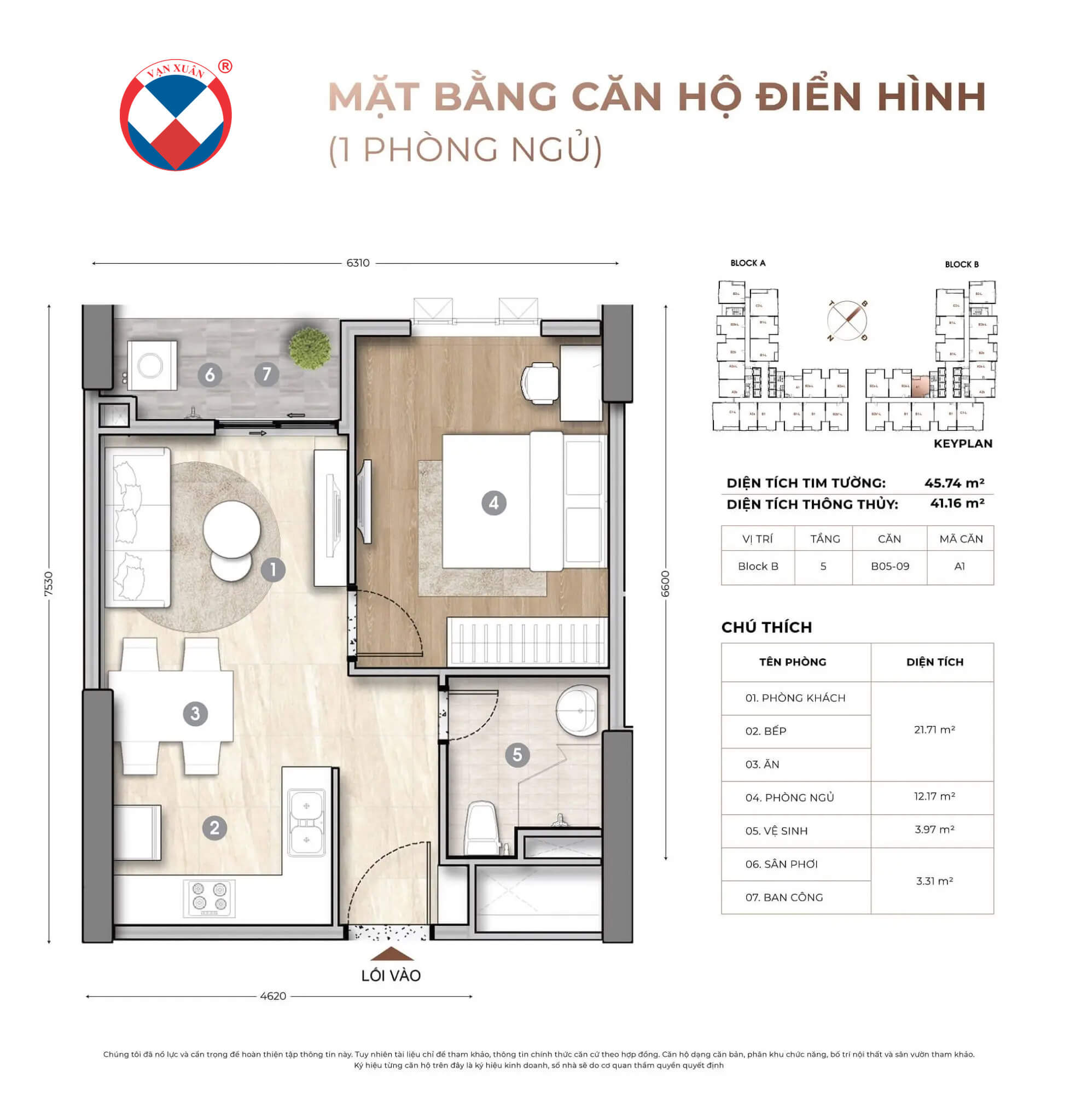 Mặt bằng căn hộ 1 phòng ngủ điển hình dự án Happy One Sora