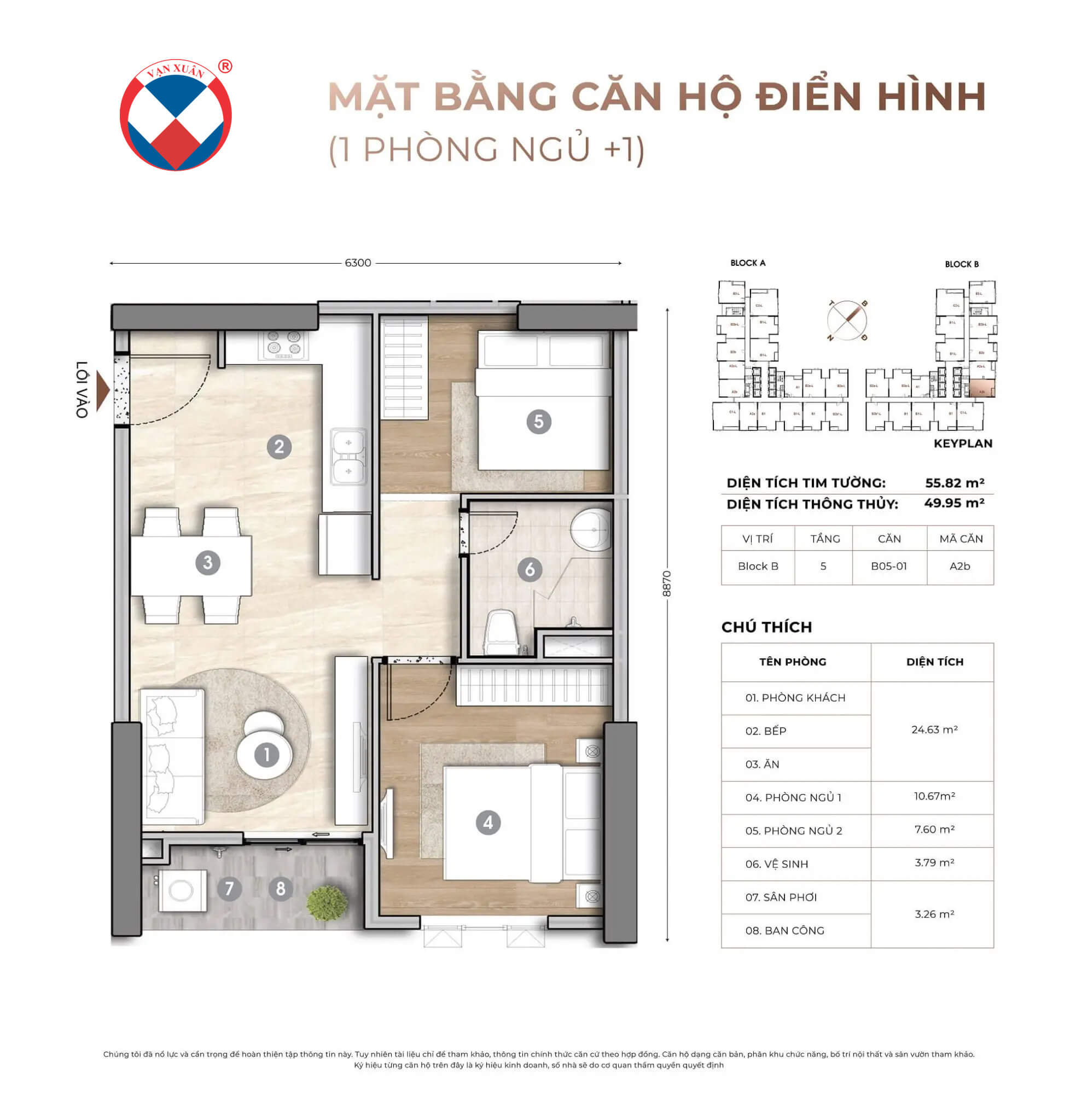 Thiết kế căn hộ 2 phòng ngủ Happy One Sora điển hình