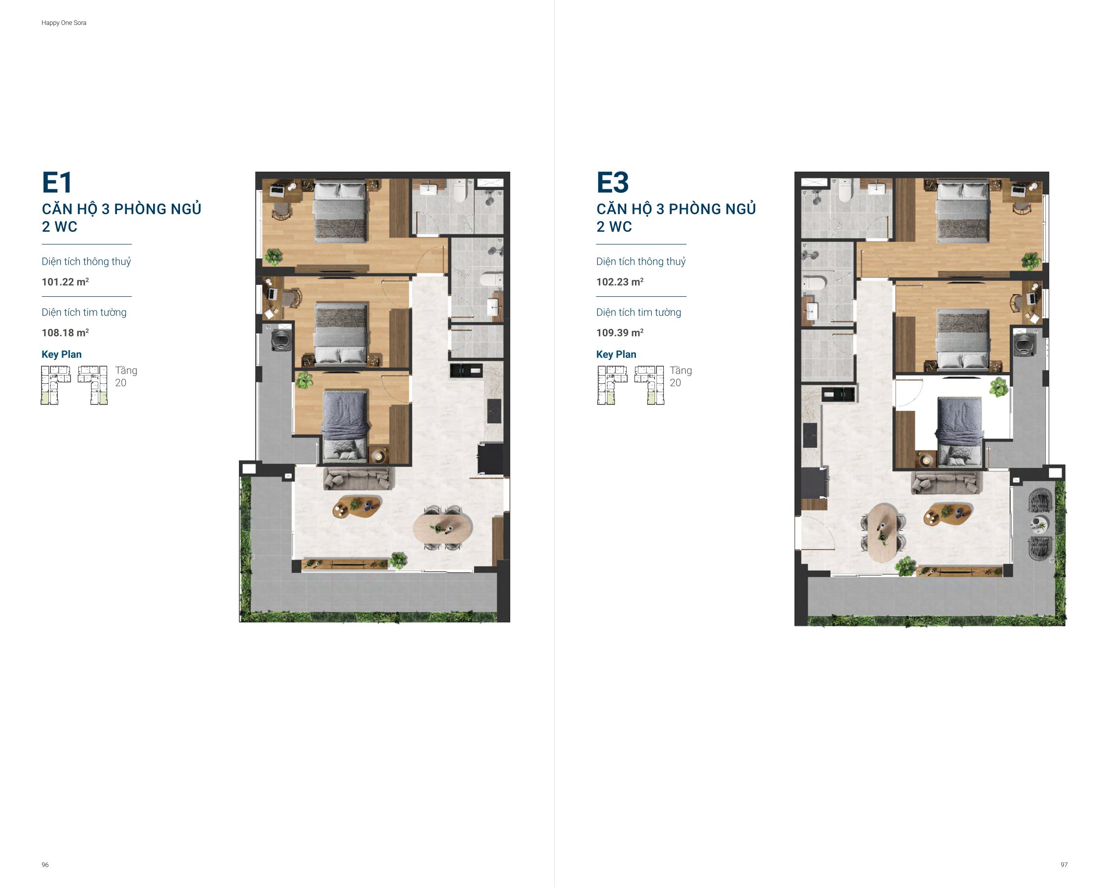 Thiết kế căn hộ 3 phòng ngủ, 2 wc sân vườn Happy One Sora căn E1, E3