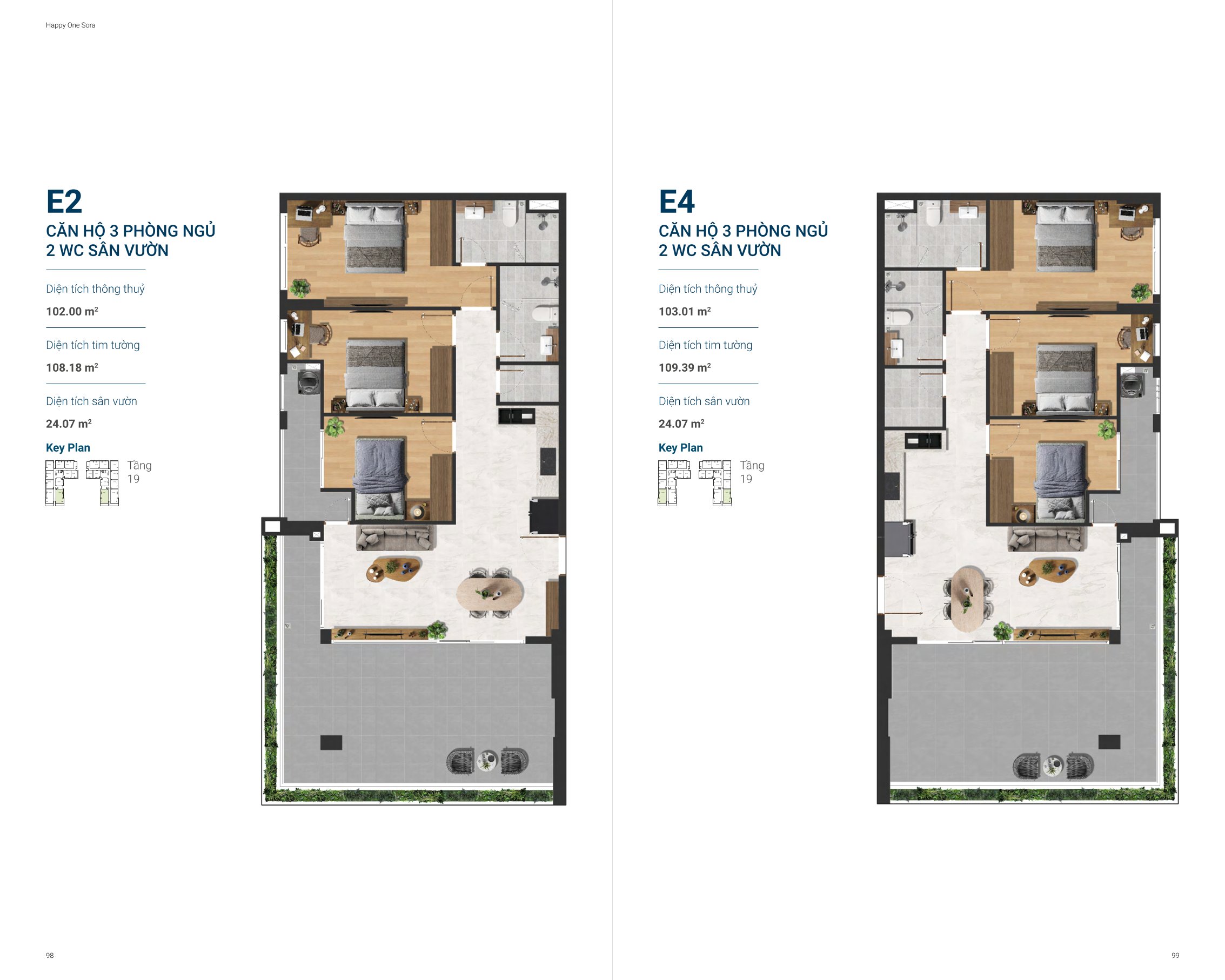 Thiết kế căn hộ 3 phòng ngủ, 2 wc sân vườn Happy One Sora căn E2, E4