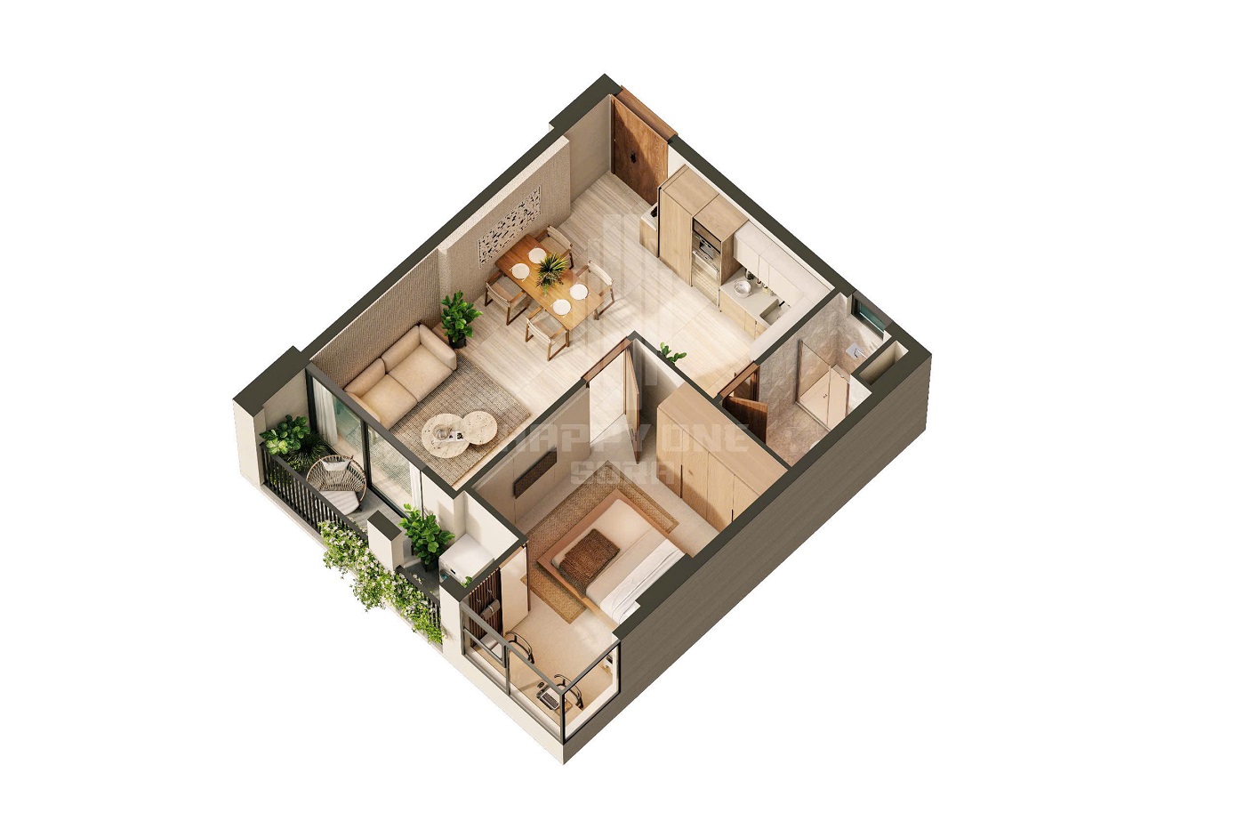 Layout thiết kế căn hộ 1 phòng ngủ điển hình dự án Happy One Sora