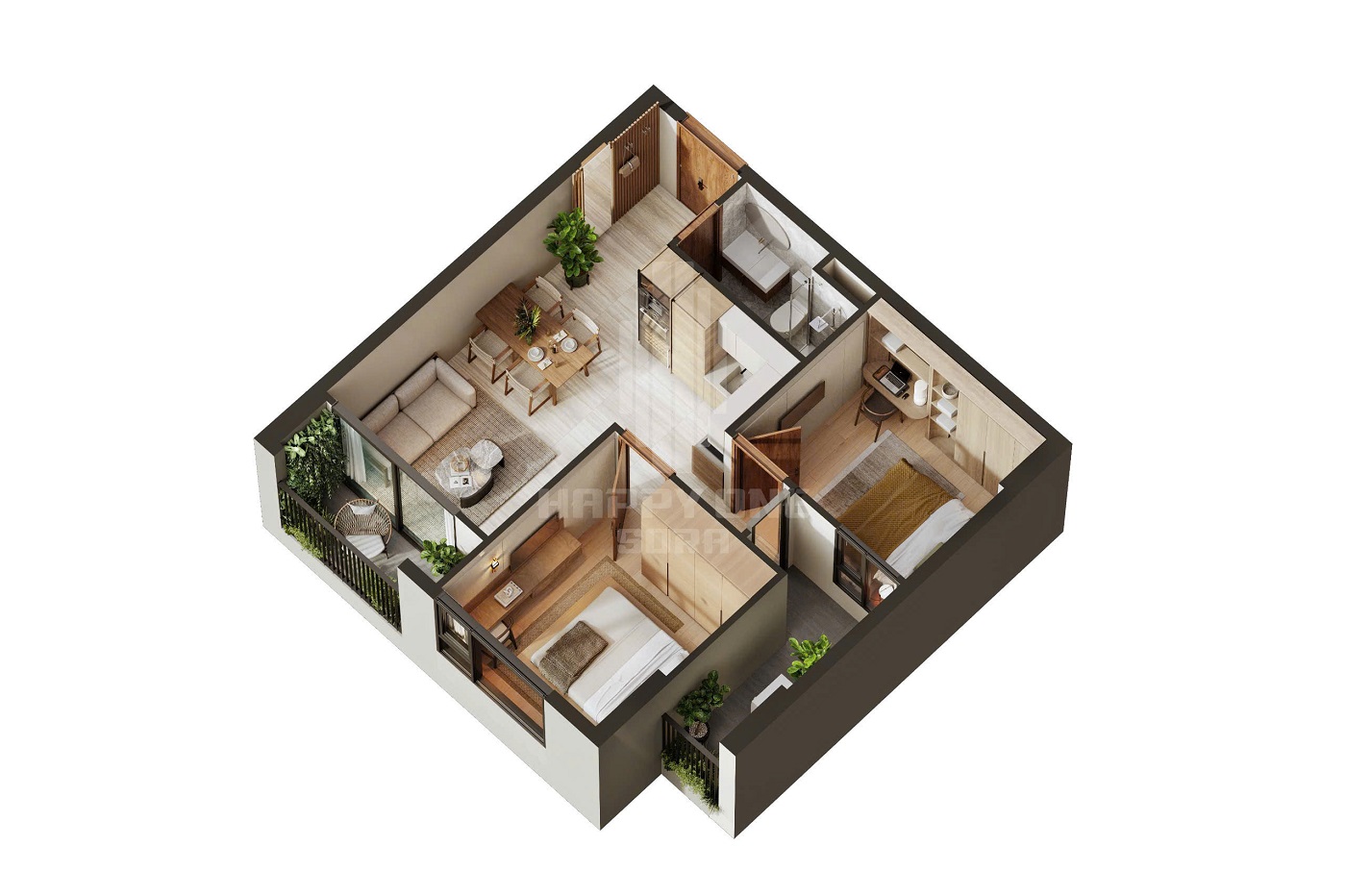 Layout thiết kế căn hộ 2 phòng ngủ điển hình dự án Happy One Sora