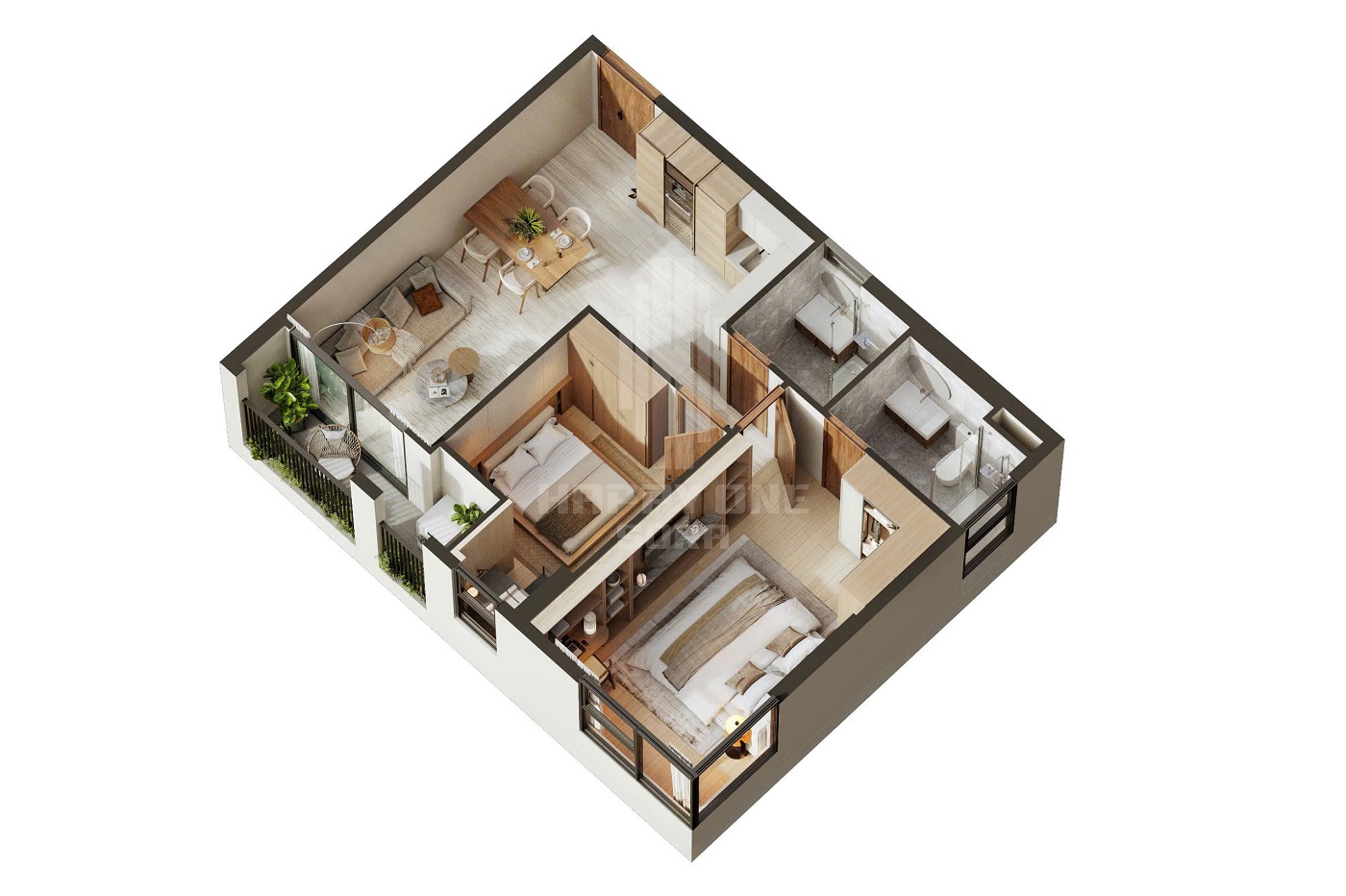 Layout thiết kế căn hộ 2 phòng ngủ 2wc điển hình dự án Happy One Sora