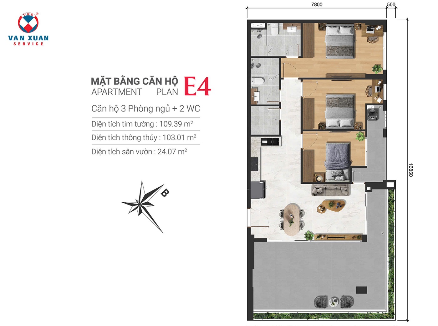 Layout thiết kế căn hộ 3 phòng ngủ 110m2 + 2wc điển hình dự án Happy One Sora