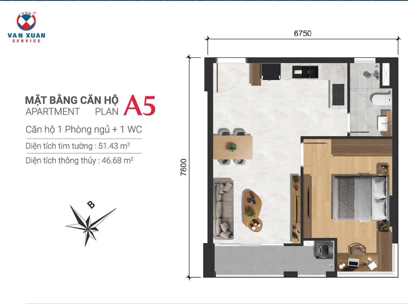 Layout thiết kế căn hộ 1 phòng ngủ 52m2 + 1wc điển hình dự án Happy One Sora