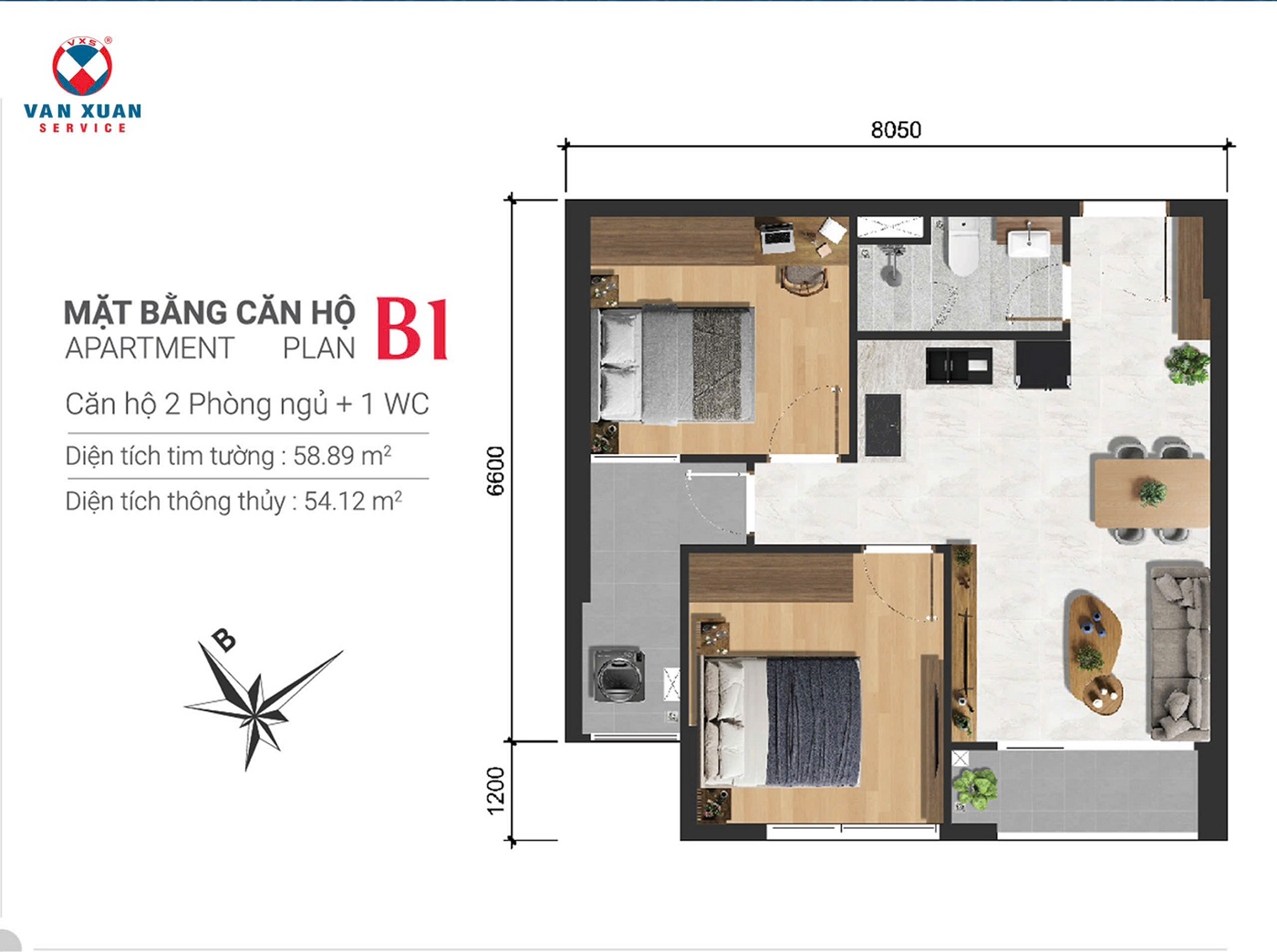 Layout thiết kế căn hộ 2 phòng ngủ 59m2 + 1wc điển hình dự án Happy One Sora