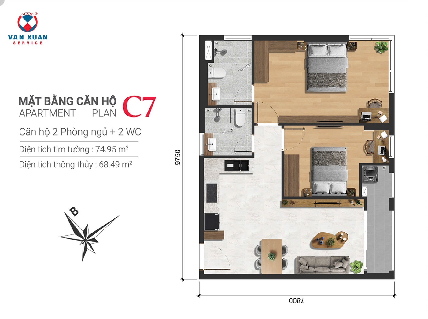Layout thiết kế căn hộ 2 phòng ngủ 75m2 + 2wc điển hình dự án Happy One Sora